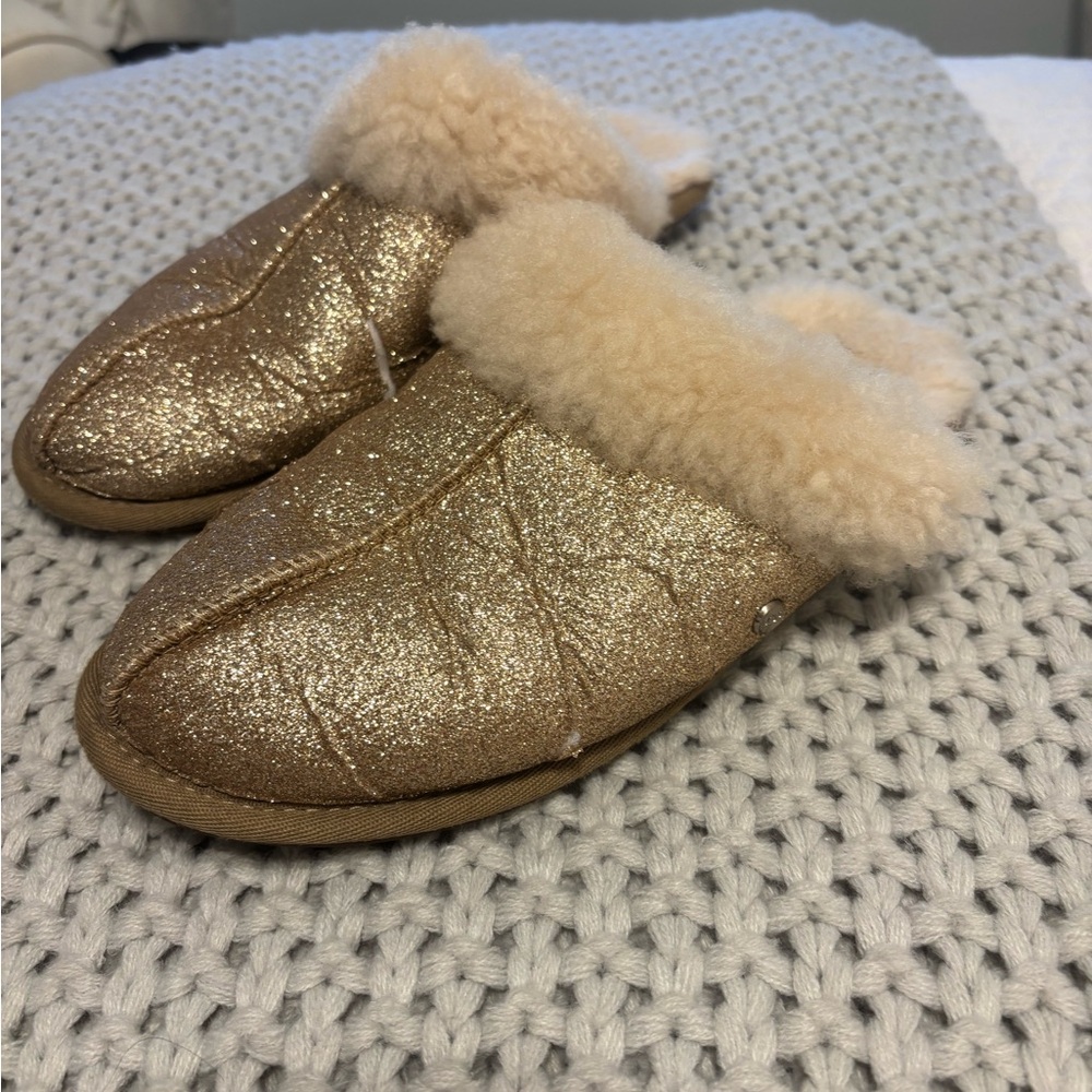 UGG Gold Glitter Scuffette Cream Fur Lined Slippers